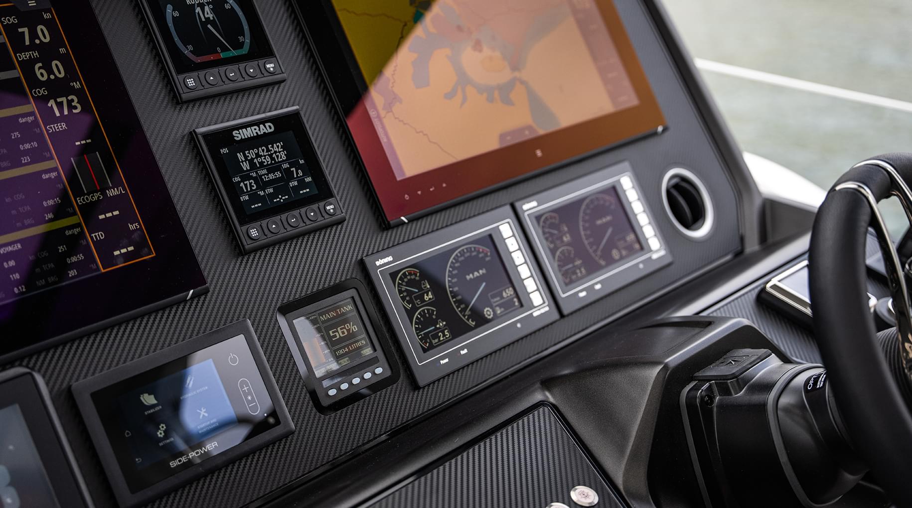 Sunseeker helm showing on-board display systems Sunseeker helm showing on-board display systems