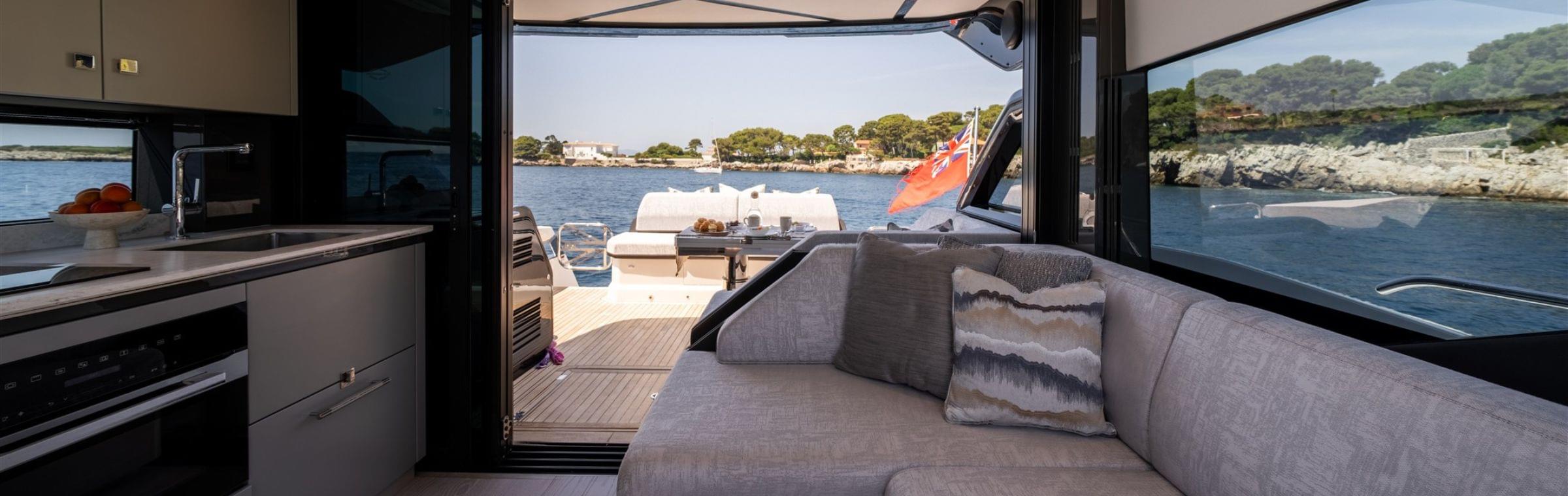 View from main saloon to aft cockpit in Sunseeker Predator 55